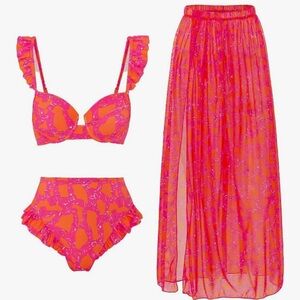 New- Vibrant Pink and Orange Bikini Set with Skirt